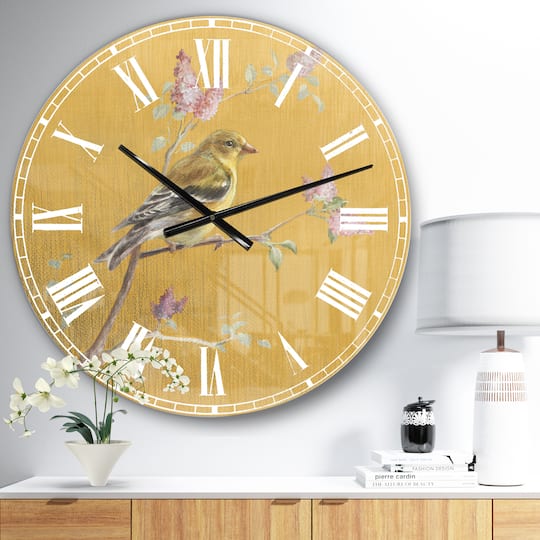 Designart 'Gold Bird On Blossoms Iii Farmhouse Wall Clock